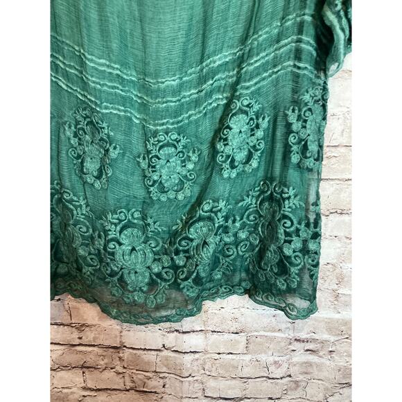 Soft Surroundings Silk Tunic Top Womens Petite Large Green Crinkled Embroidery - Picture 4 of 15